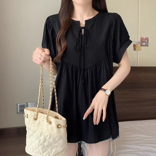 Original workmanship and design black short-sleeved shirt for women summer plus size fat mm waist slimming belly covering top