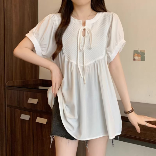 Original workmanship and design black short-sleeved shirt for women summer plus size fat mm waist slimming belly covering top