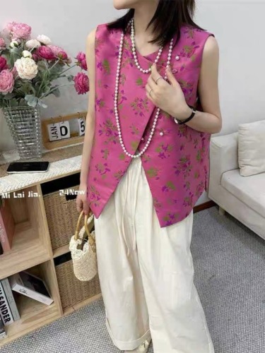 Designed oblique buttoned national style floral vest for women European station 2024 summer new round neck sleeveless vest