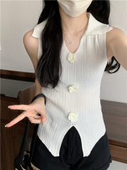 Real shot Lapel slit sleeveless vest for women to wear as a summer new style high-end slim V-neck top