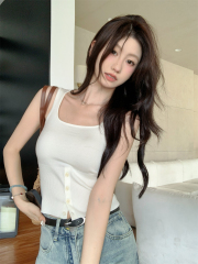 實拍 夏季韓版方領修身氣質紐扣設計感6羊毛百搭針織背心上衣