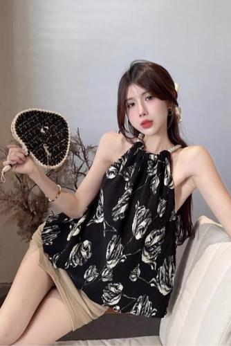 Tmall quality ink painting French floral chiffon women's summer outer wear pure lust sweet hottie halter top