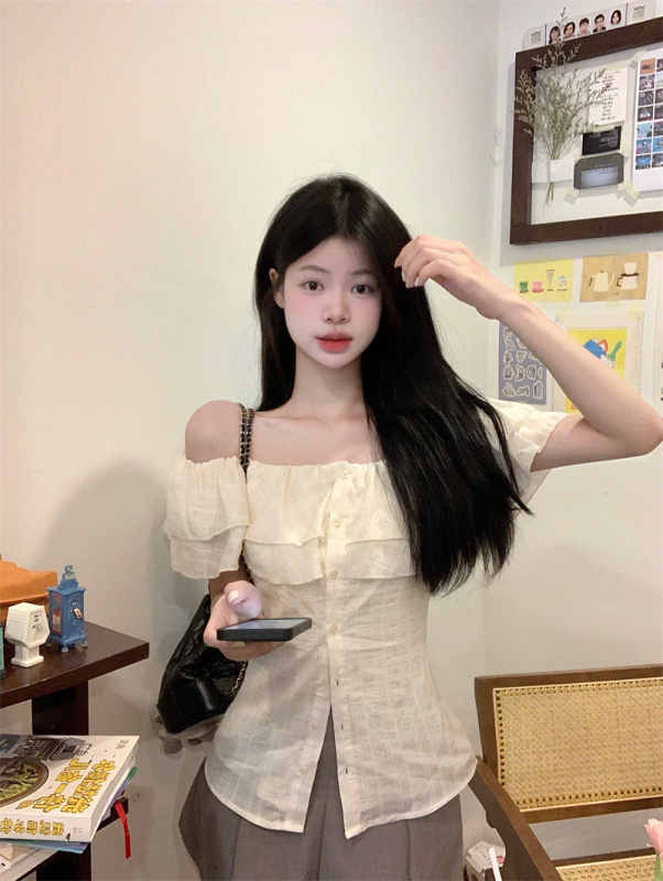 Real shot Midsummer Diary Cream Baileys Young Girl Ruffled French One Shoulder Waist Shirt
