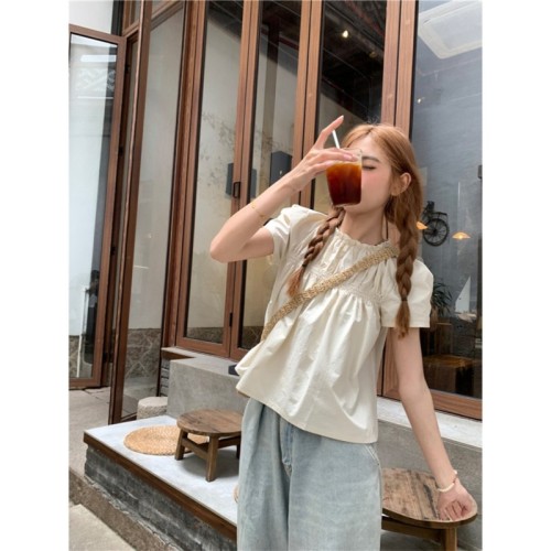 Sweet style lace short-sleeved shirt for women 2024 spring loose age-reducing shirt short doll top