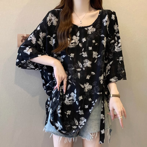 Original workmanship plus size women's fat mm summer wear new 2024 round neck small floral breathable loose versatile top