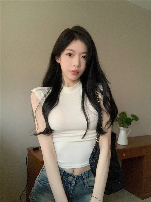 Actual shot and real price~Hot girl cream Korean flavor with invincible city love white high collar short-sleeved T-shirt for women