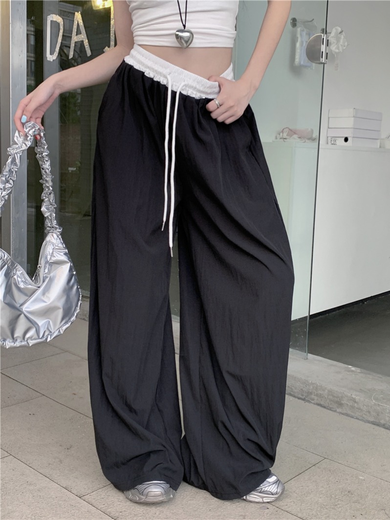 Photographed Korean Style Casual Color Block Stretch Waist Flowy Drawstring Wide Leg Work Pants