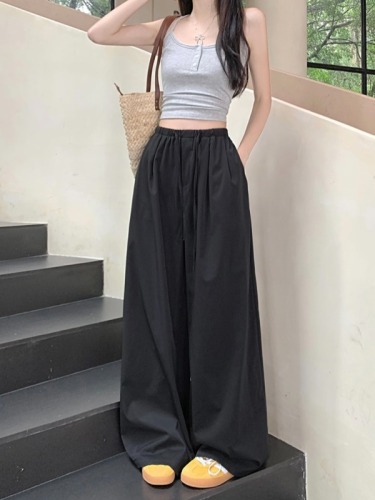 Real shot of lazy casual pants for women in summer solid color elastic waist pants slimming wide leg pants loose drape floor mopping pants