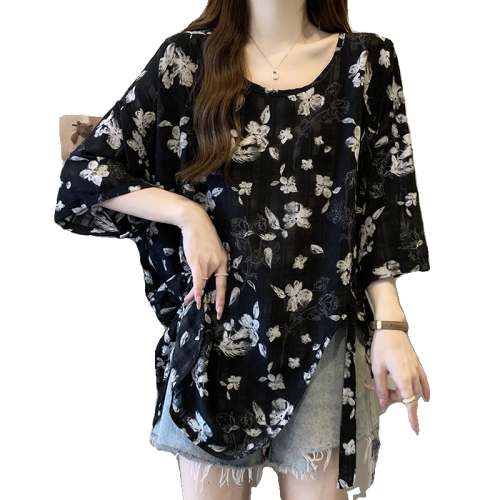 Original workmanship plus size women's fat mm summer wear new 2024 round neck small floral breathable loose versatile top