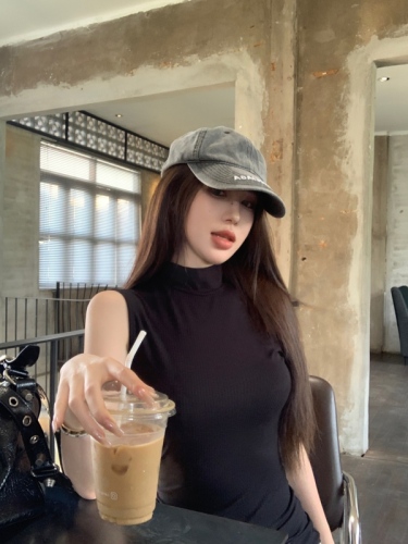 Real shot Half turtleneck inner layered shirt for women spring and summer slim sleeveless top T-shirt