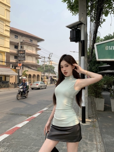 Real shot Half turtleneck inner layered shirt for women spring and summer slim sleeveless top T-shirt