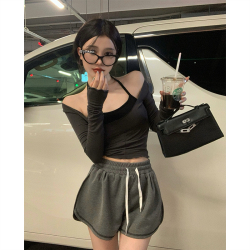 Actual shot and real price ~ 2024 autumn two-piece set pure desire slightly see-through hot girl slim tight long-sleeved short T-shirt top for women