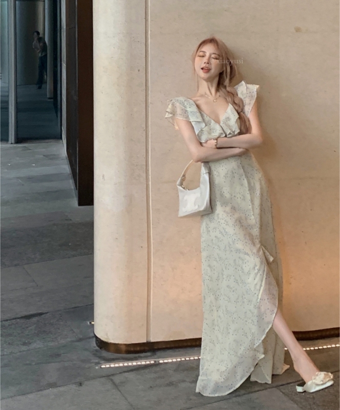 Actual shot and real price French floral dress niche design slit waist tea break long dress high-end