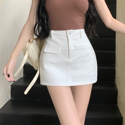 Real shot!  New Korean style casual and versatile high-waisted hip-covering anti-exposure slimming white half-length A-line skirt