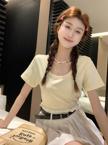 Real shot of Korean chic wearing a simple U-neck multi-color solid T-shirt top in summer