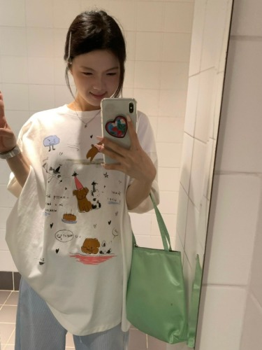 Real shot 2024~Hand-painted cute round-neck cartoon short-sleeved loose mid-length casual top T-shirt