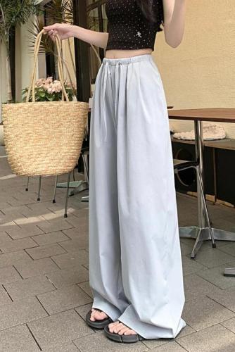 Real shot of lazy casual pants for women in summer solid color elastic waist pants slimming wide leg pants loose drape floor mopping pants