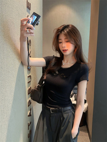 Real shot~Large size women's tea style sweetheart bow hollow lace embroidery right shoulder T-shirt waisted short-sleeved top