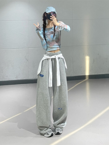 Blue tie-dye hottie long-sleeved T-shirt for women spring 2024 new slim fit short style slimming mesh