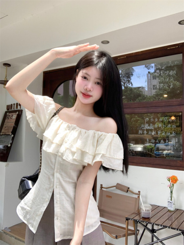 Real shot Midsummer Diary Cream Baileys Young Girl Ruffled French One Shoulder Waist Shirt
