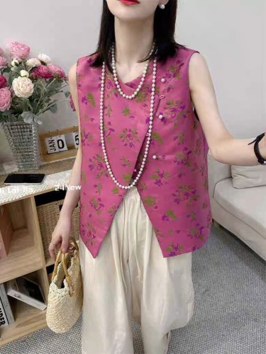 Designed oblique buttoned national style floral vest for women European station 2024 summer new round neck sleeveless vest