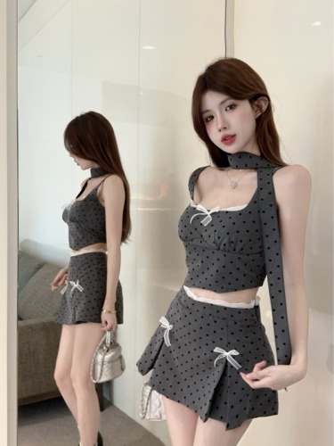 Real shot of French style polka-dot fashion skirt suit for women with lace bow neck strap vest + pleated skirt