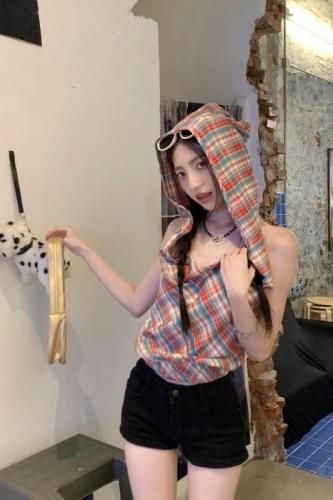 Real shot of red plaid swing collar top for hot girls summer sleeveless hooded outer vest