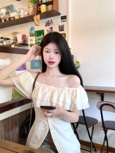 Real shot Midsummer Diary Cream Baileys Young Girl Ruffled French One Shoulder Waist Shirt