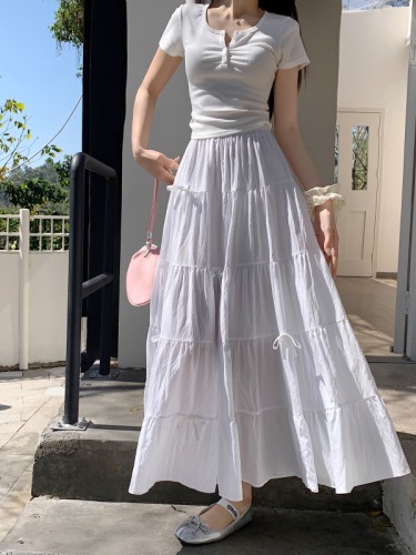 Actual shot and real price ~ New style high-waisted slimming spliced ​​bow long skirt A-line large hem umbrella skirt cake skirt