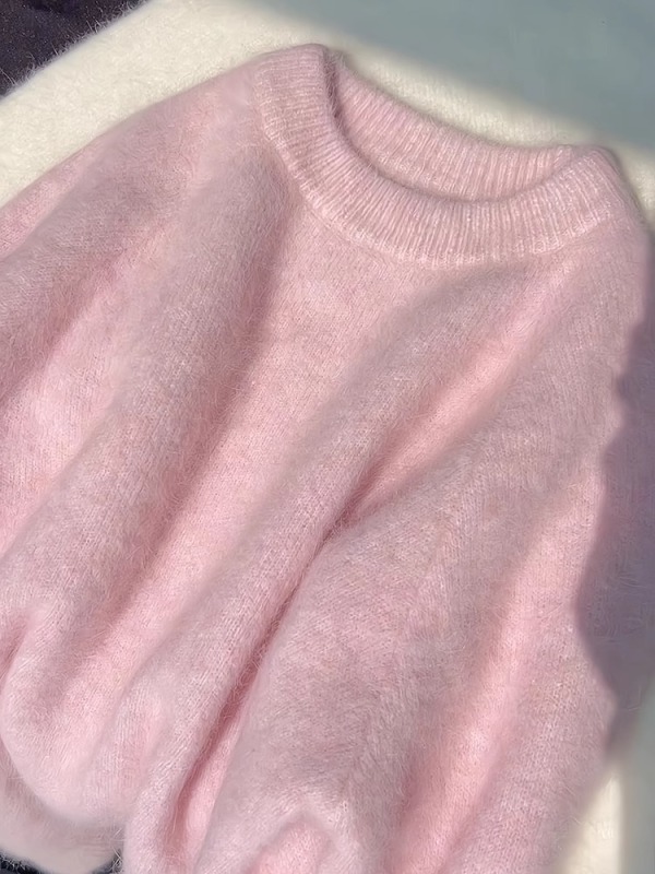 Pink milk fufu mohair knitted pullover sweater for women autumn and winter art raw milk good lazy lazy style soft waxy top autumn