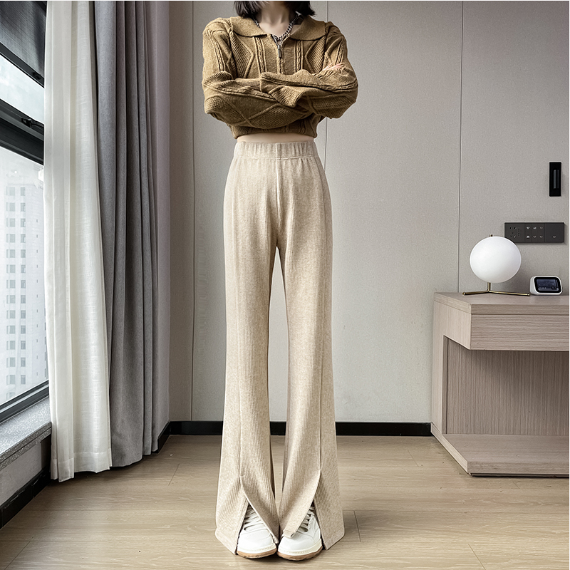 Cashmere knitted bell-bottom pants for women in autumn and winter, plus velvet, new high-waisted slimming pants for small people with slits and slightly flared pants