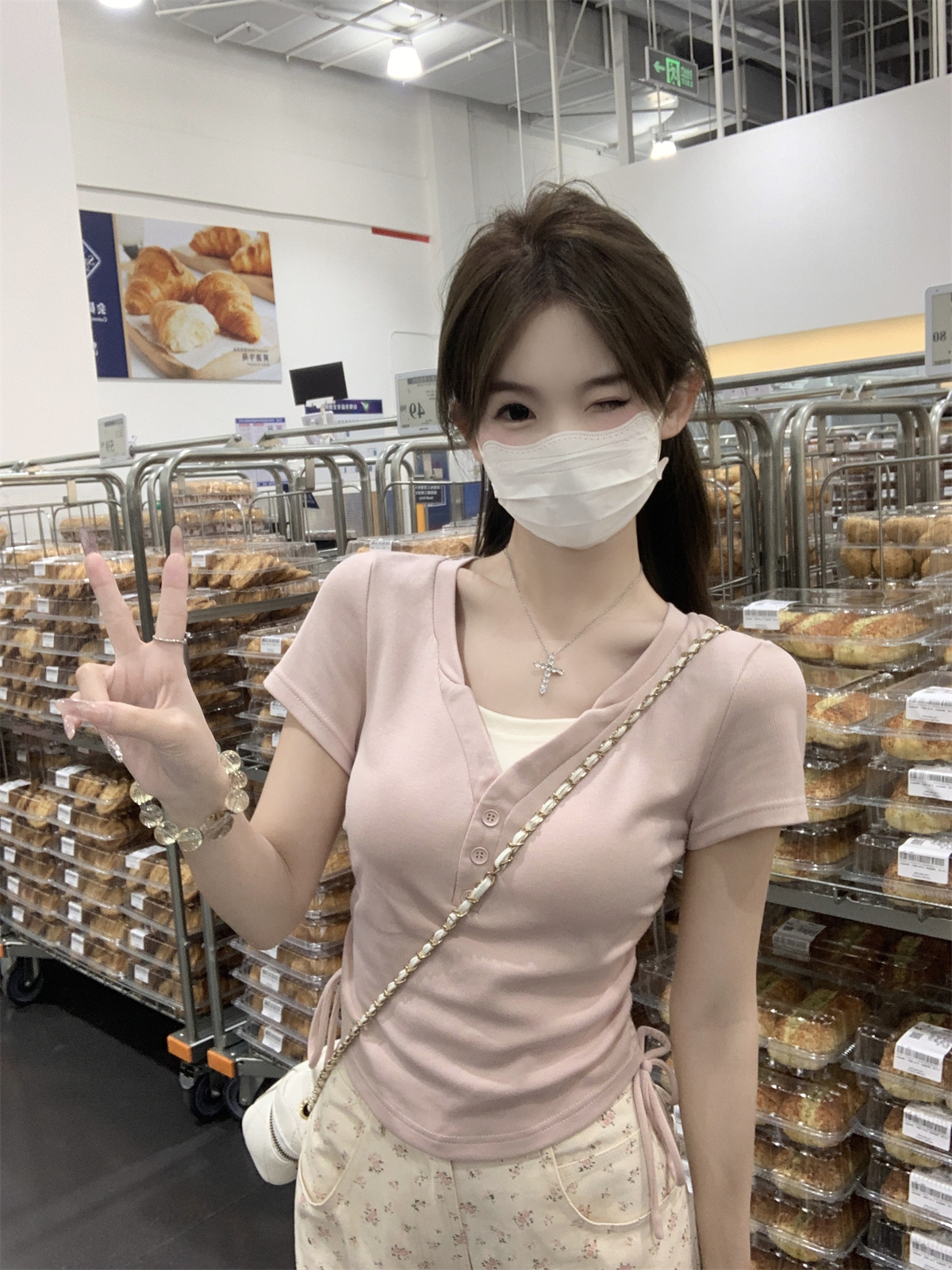 實拍 夏季韓版修身v領撞色假兩件抽繩百搭純棉短袖T恤上衣
