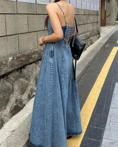 Beautiful charm suspender backless fashionable literary long denim dress