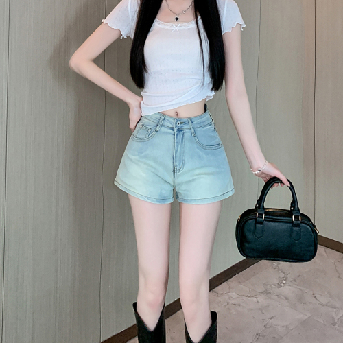 Real shot ~ Blue hip denim shorts for women, summer retro high-waisted casual straight pants, hot pants for girls