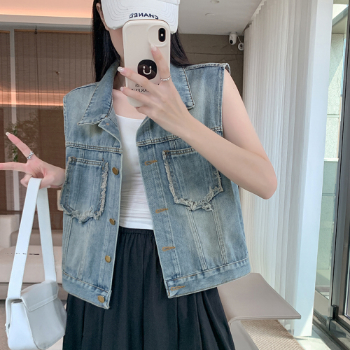 Actual shot~Fashionable raw edge denim vest jacket for women new sleeveless short vest vest vest top