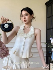 LELART 夏季法式氣質純欲風浪漫花朵掛脖背心上衣女短款露背小衫