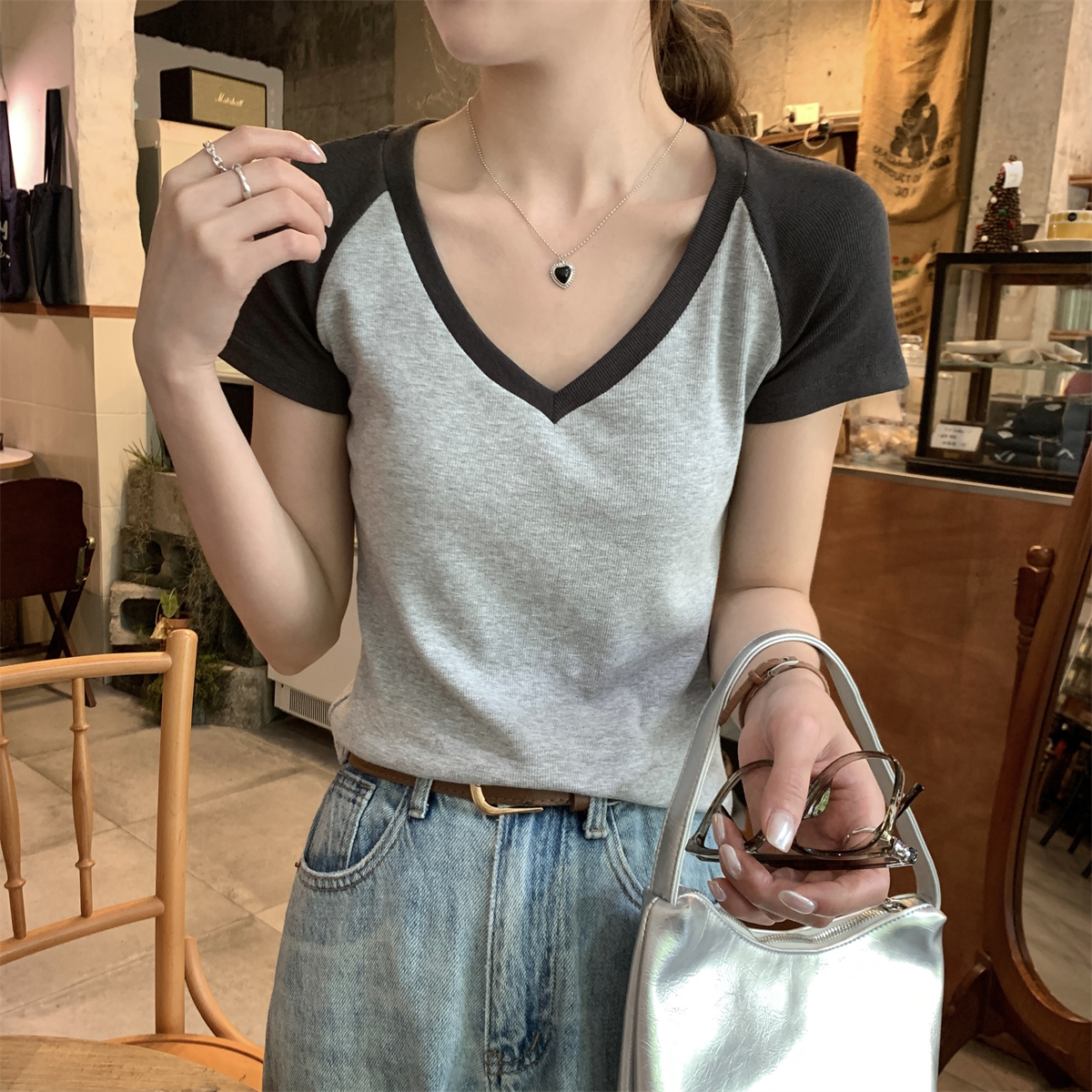 實拍 夏季韓版修身V領插肩撞色顯瘦百搭短袖T恤上衣女