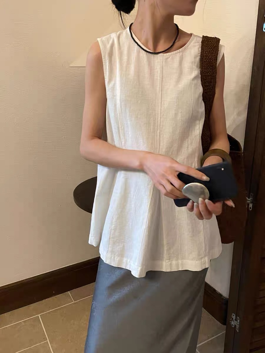 黑色亞麻魚尾圓領無袖背心小衫女夏寬鬆法式坎肩外穿棉麻度假上衣
