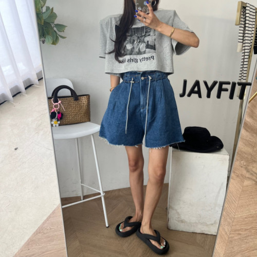 Bud lace-up pleated wide-leg raw edge denim shorts