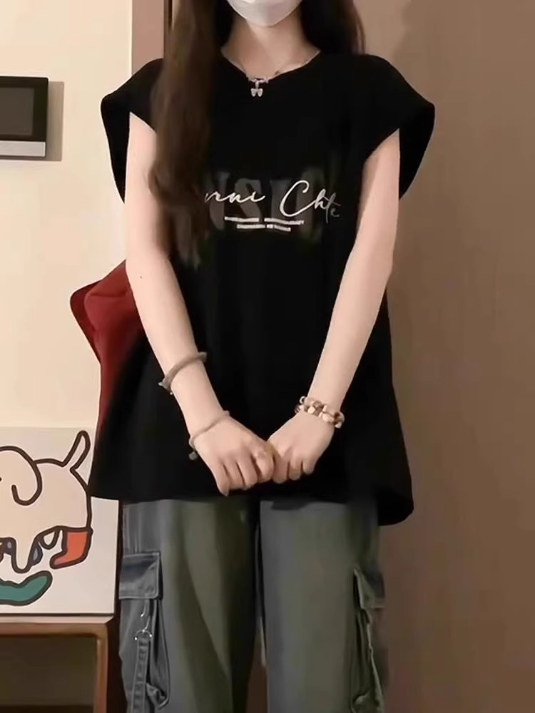 純棉復古街頭風ins國潮牌無袖坎肩背心T恤女夏季情侶運動寬鬆上衣