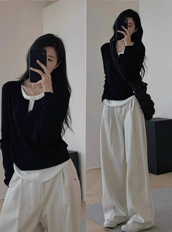 Black fake two-piece v-neck knitted bottoming shirt for women, new autumn and winter sweater with design top