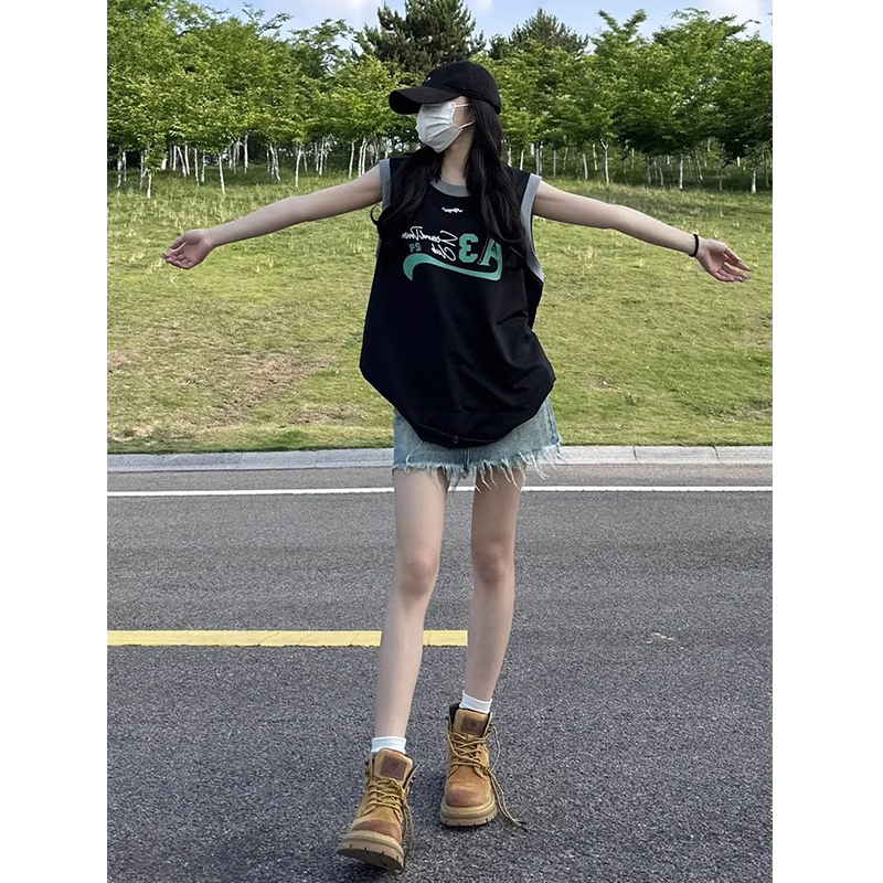 純棉復古運動拼色背心女夏季設計感小眾bf風無袖坎肩T恤寬鬆上衣