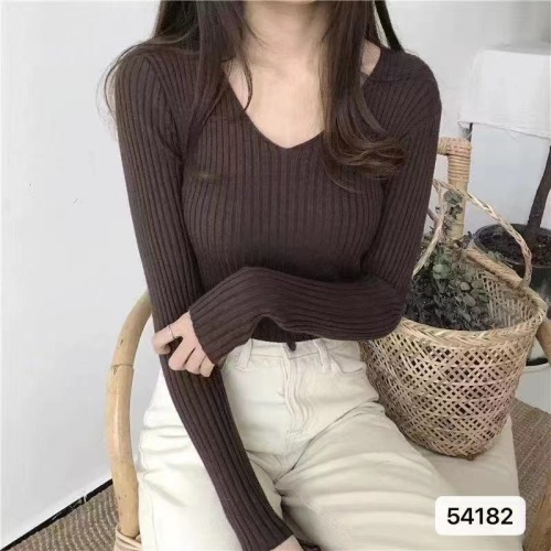 U77 same autumn Korean style temperament early autumn small V-neck solid color casual versatile long-sleeved top for women