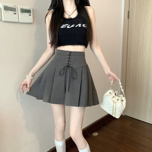 Real shot pleated skirt 2024 new summer high waist slimming A-line skirt with straps gray hottie short skirt for women