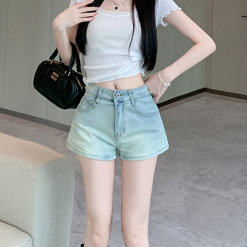 Real shot ~ Blue hip denim shorts for women, summer retro high-waisted casual straight pants, hot pants for girls