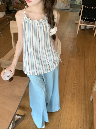 Actual shot French contrast striped halterneck vest summer loose wide-leg casual pants two-piece set