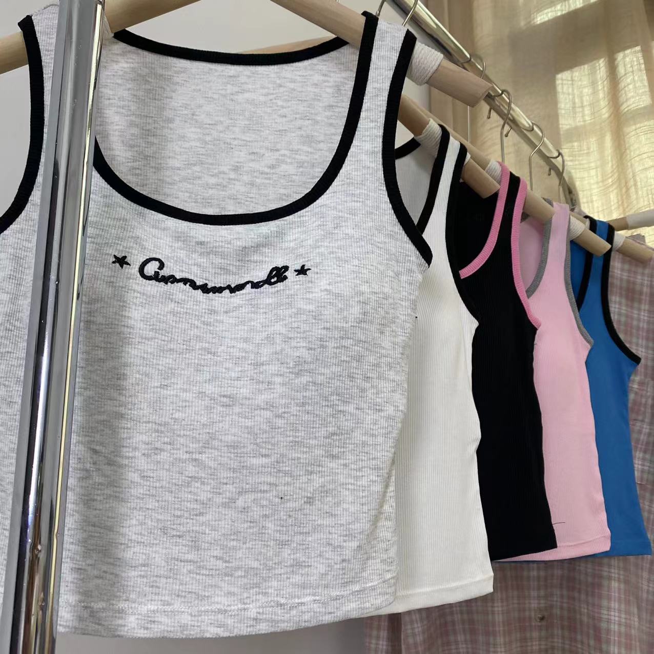 Real shot 100% cotton U-neck color matching sweet style casual embroidery elastic slim candy color vest women's top 