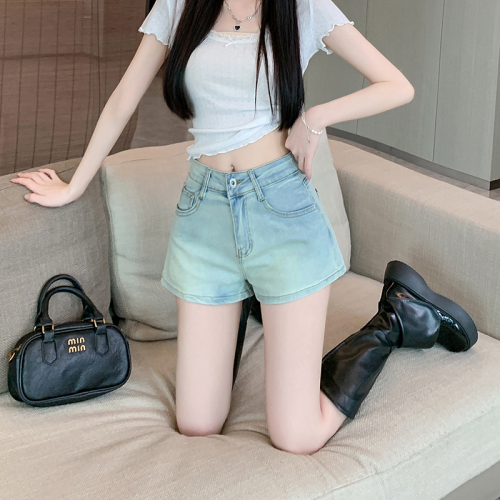 Real shot ~ Blue hip denim shorts for women, summer retro high-waisted casual straight pants, hot pants for girls