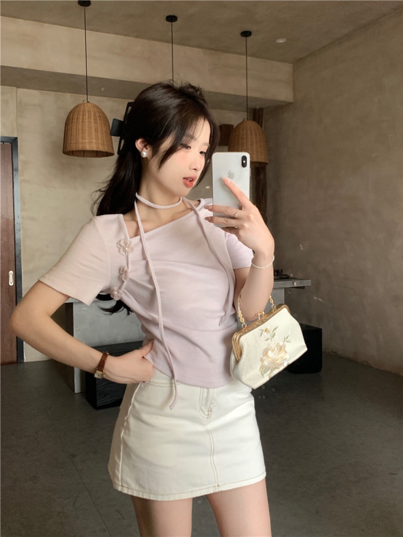 Real shot~French three-dimensional flower short-sleeved T-shirt, feminine slim-fitting pleated design short top