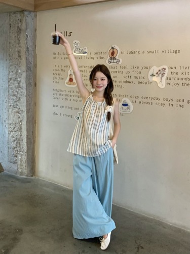 Actual shot French contrast striped halterneck vest summer loose wide-leg casual pants two-piece set